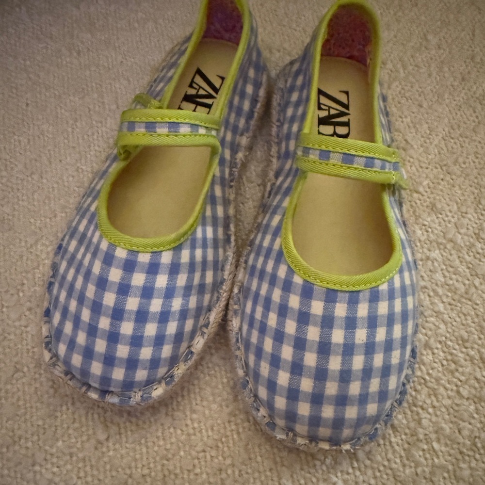 Zara Blue and Green Dress Shoes with Gingham Pattern and Strap